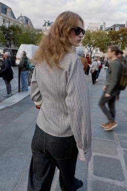 ZARA РУБАШКА В ПОЛОСКУ С ЗАПАХОМ И БАНТОМ, СЕРЫЙ МЕЛАНЖ