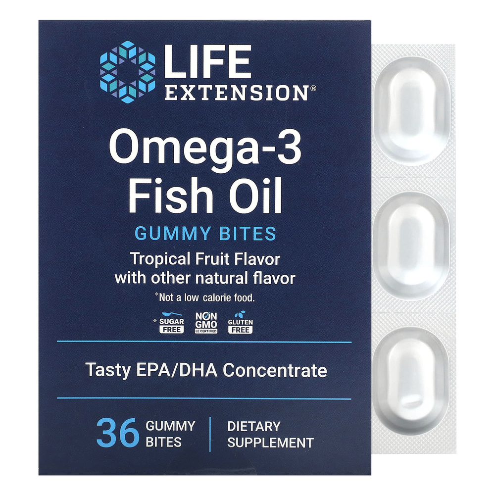 Life Extension, омега-3 жевательные таблетки с рыбьим жиром, со вкусом тропических фруктов, 36 жевательных таблеток (750 мг в 1 жевательной таблетке)