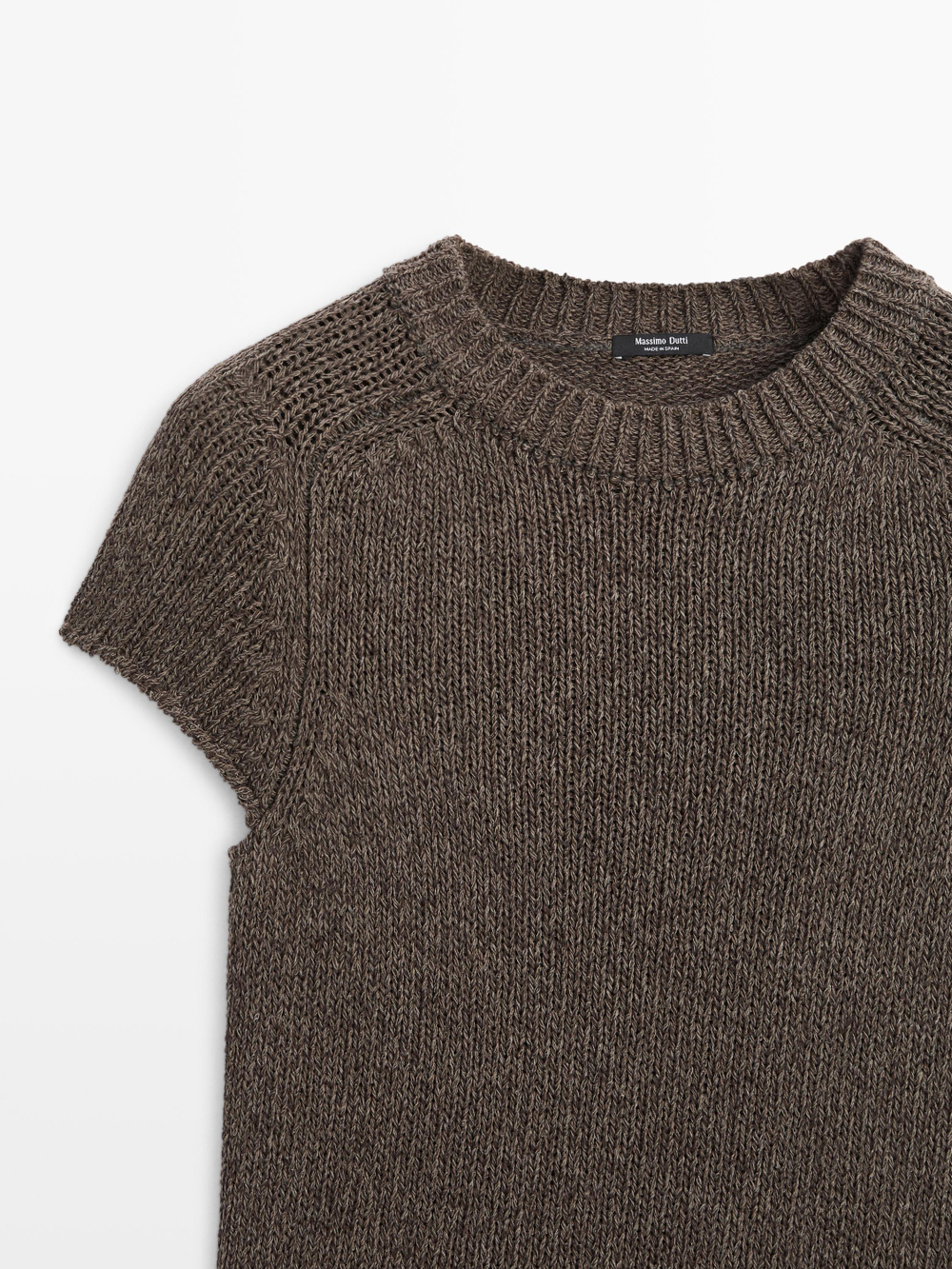 Massimo Dutti Трикотажный свитер в рубчик с короткими рукавами, коричневый