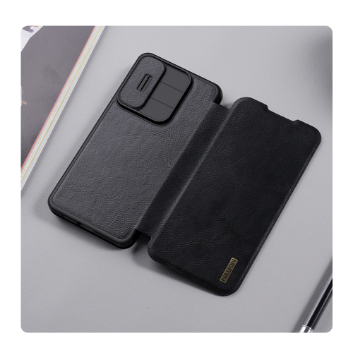 Кожаный чехол книжка от Nillkin для смартфона Samsung Galaxy S25 Edge, серия Qin Pro Leather с сдвижной защитной шторкой для камеры