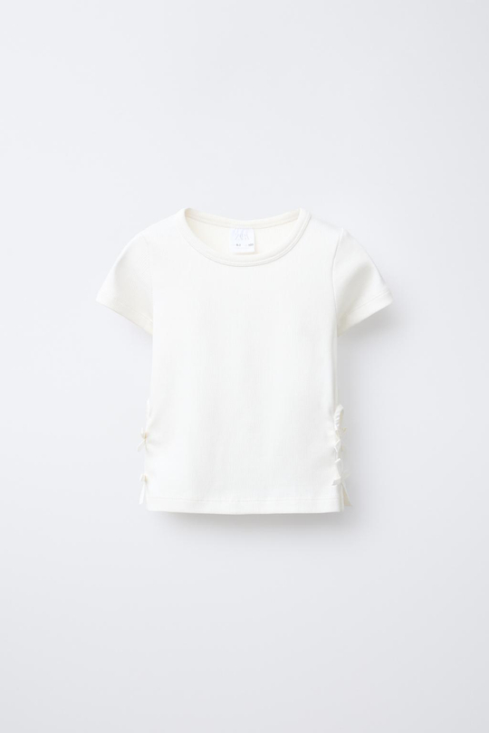 ZARA ФУТБОЛКА В РУБЧИК С ВЫРЕЗОМ И БАНТАМИ, БЕЛЫЙ