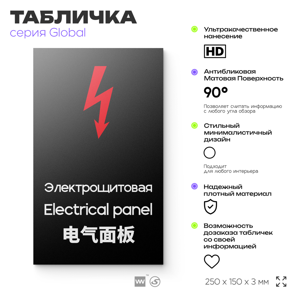 Табличка Электрощитовая, на дверь и стену, информационная и мультиязычная (русский, английский, китайский), серия GLOBAL, 25х15 см, Айдентика Технолоджи