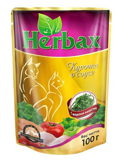 Влажный кром Herbax для взрослых кошек, курочка в соусе с морской капустой, 100 г