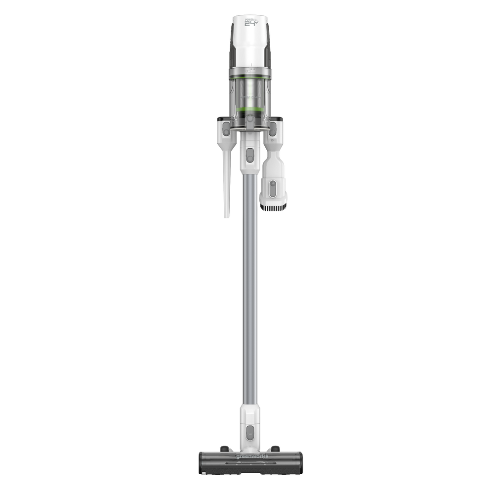Пылесос вертикальный акк. Greenworks SV24360, 24V, б/щет, 250 Вт, 17 кПа, электрощетка, 2 насадки, LED, белый+серебро, 1х4Ач и ЗУ (4702107UB)