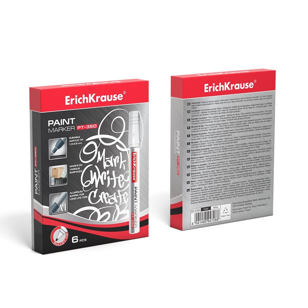 Маркер - краска Erich Krause "PT-350" , белый, пулевидный, 1,5-2,5 мм, 6шт/уп, картонная упаковка