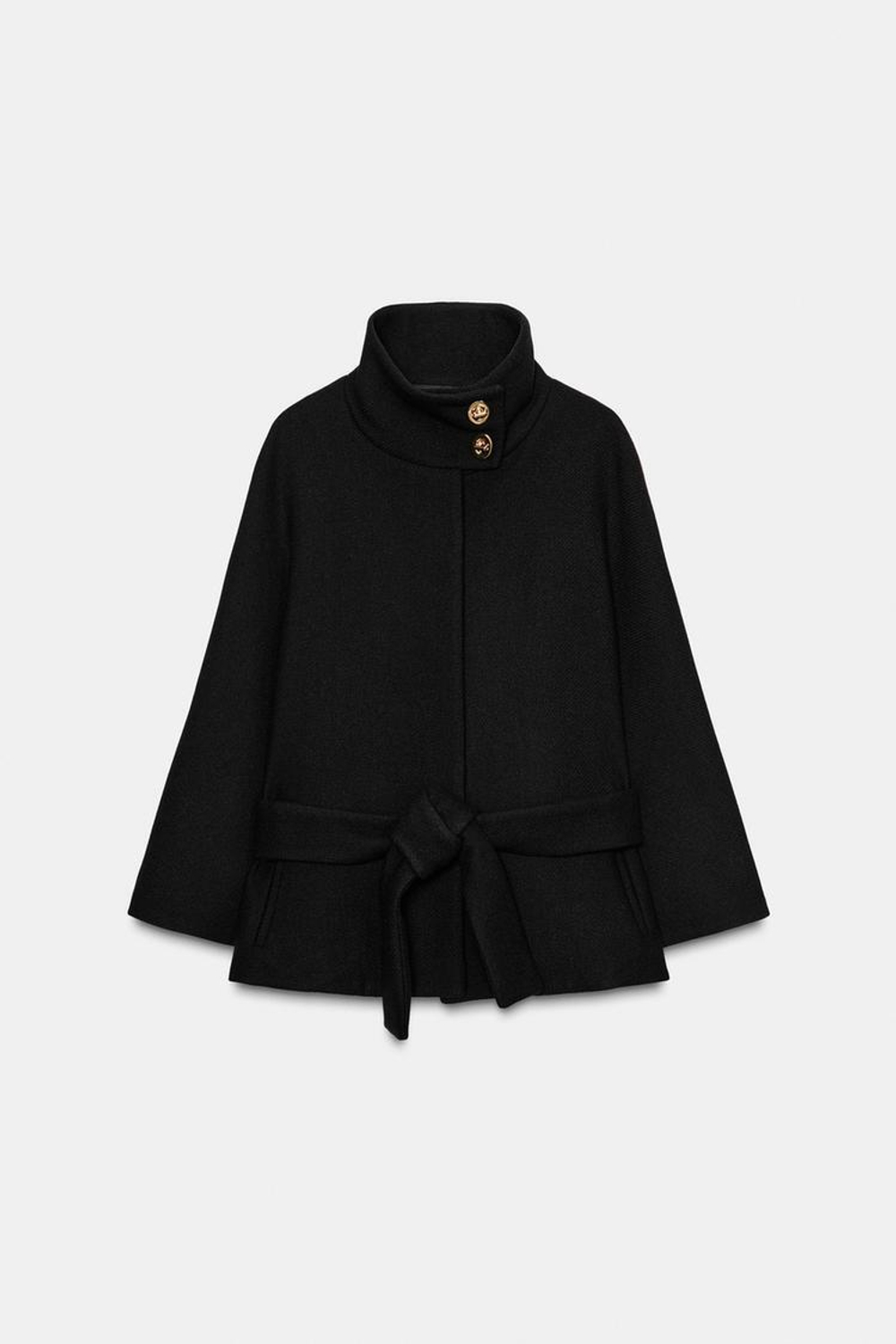 ZARA КОРОТКОЕ ПАЛЬТО-НАКИДКА С ПОЯСОМ ИЗ ШЕРСТИ, ЧЕРНЫЙ