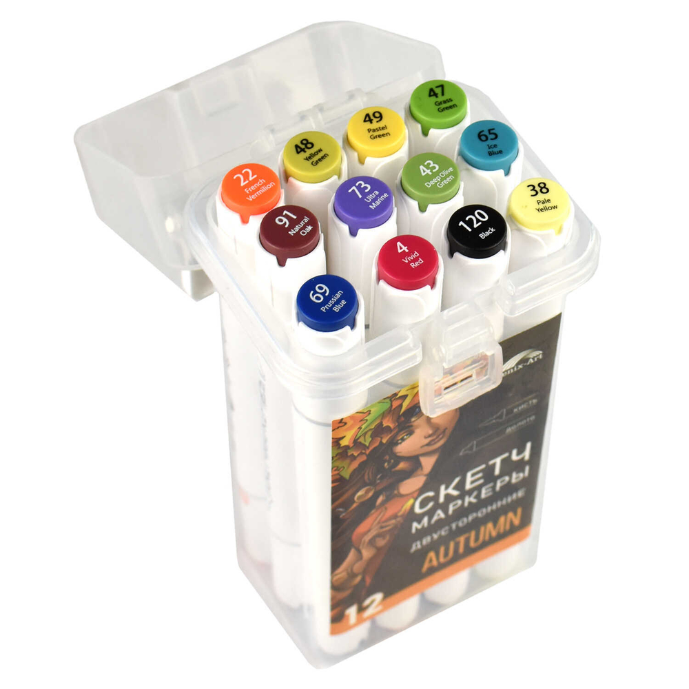 Набор скетчмаркеров двусторонних арт. 65501 / 2 ОСЕНЬ (12 цв., размер бокса: 8х16,5х6,4 см, цвет корпуса: белый, материал: полипропилен, полиэстер "Фетр", нейлон, состав чернил: на спиртовой основе, толщина наконечников: "долото" - 6,2 мм, "кисть" -