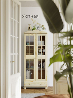 Шкаф-витрина 77х32х186, Бритта, массив сосны БЕЗ ПОКРЫТИЯ (натуральная отделка), двухдверный, Dipriz
