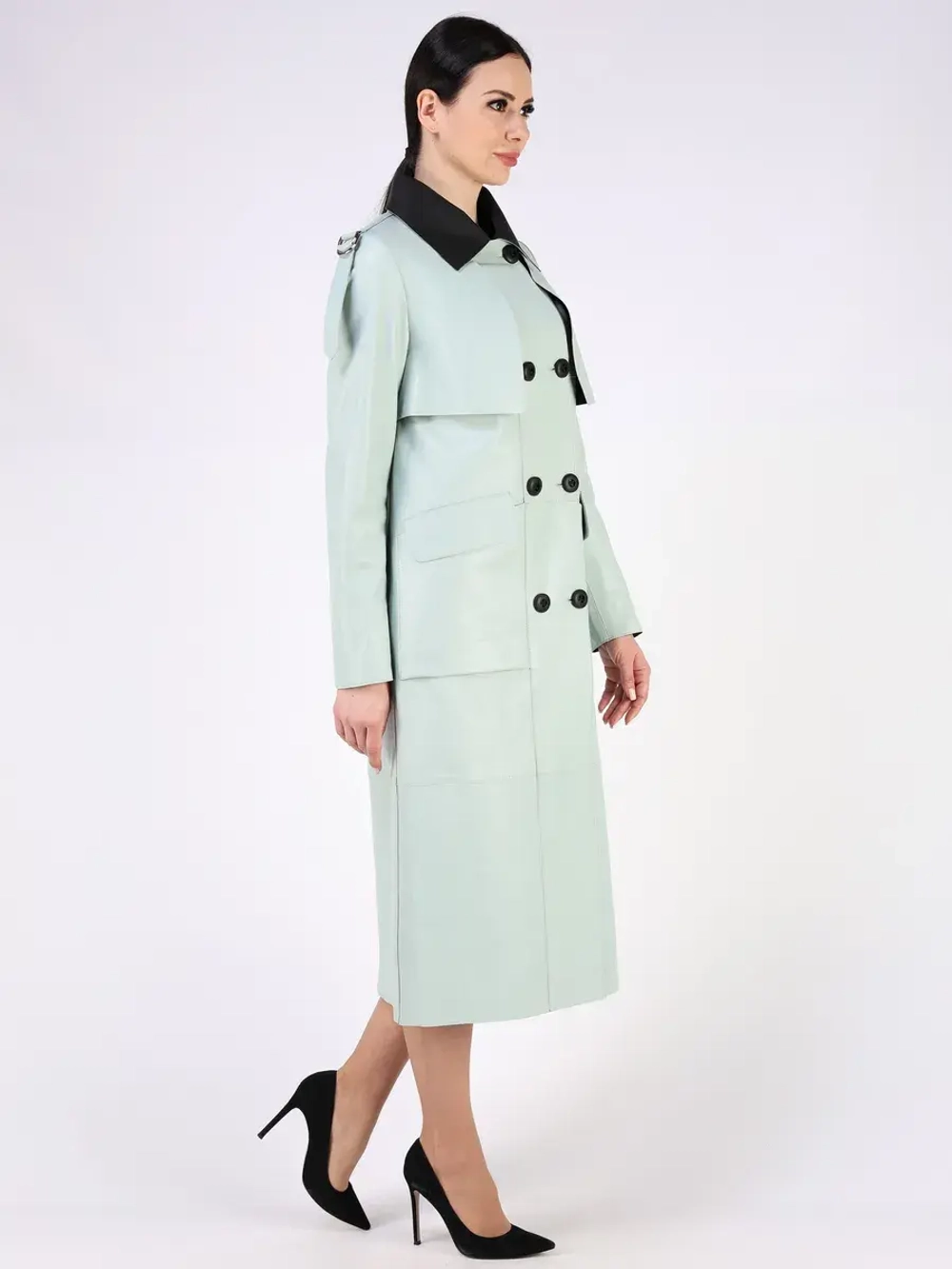 Кожаный тренч длинный с поясом плащ на осень