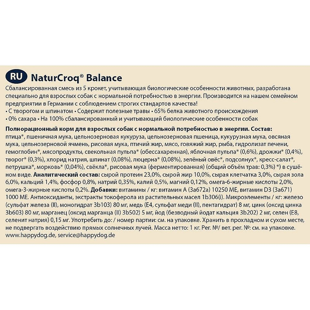 Happy Dog NaturCroq Balance корм для собак с мясом птицы 15кг