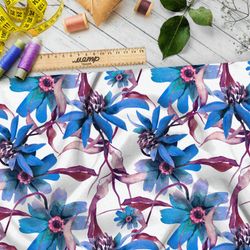 Ткань штапель дикие васильки на белом фоне