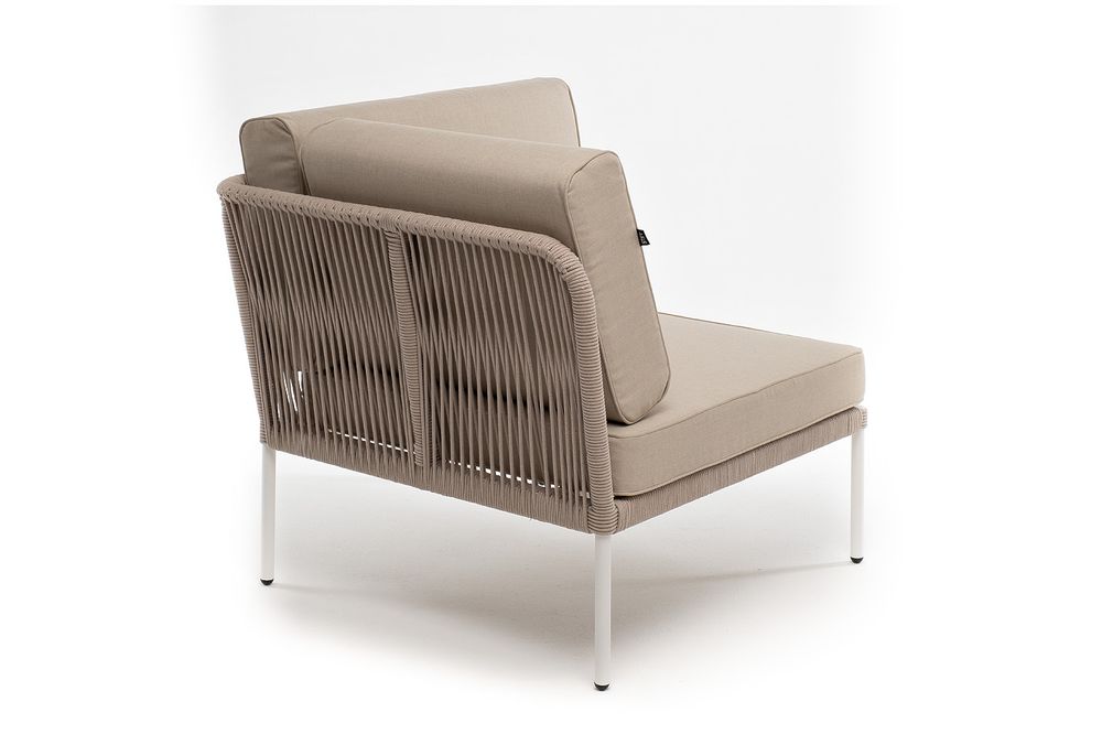 "Канны" угловой модуль плетеный из роупа, каркас алюминий белый муар, роуп бежевый круглый, ткань бежевая 15052