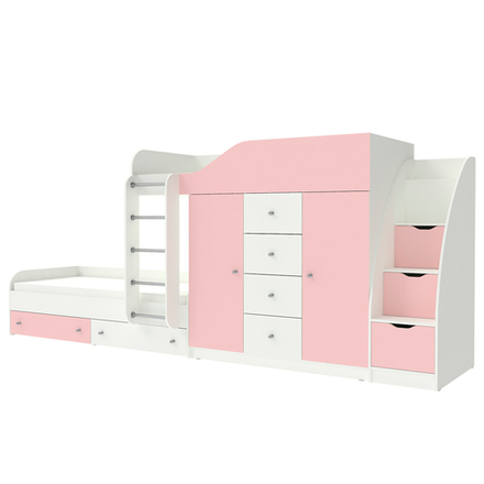 Кровать двухъярусная КарИВи Астра 6 с лестницей Комод КарИВиом Белый  Розовый