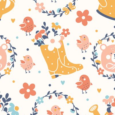 Яркий узор с цветами и животными на летний праздник.