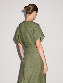 Massimo Dutti Льняное платье миди с короткими рукавами, зеленый