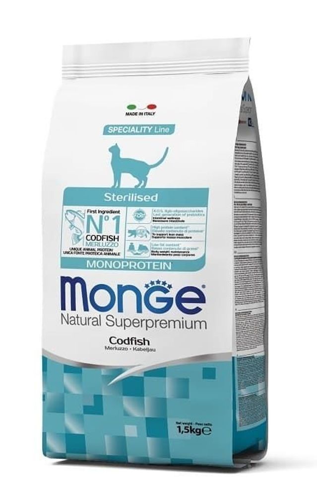 Monge Cat 1,5кг Monoprotein Sterilised Merluzzo корм для стерилизованных кошек с треской