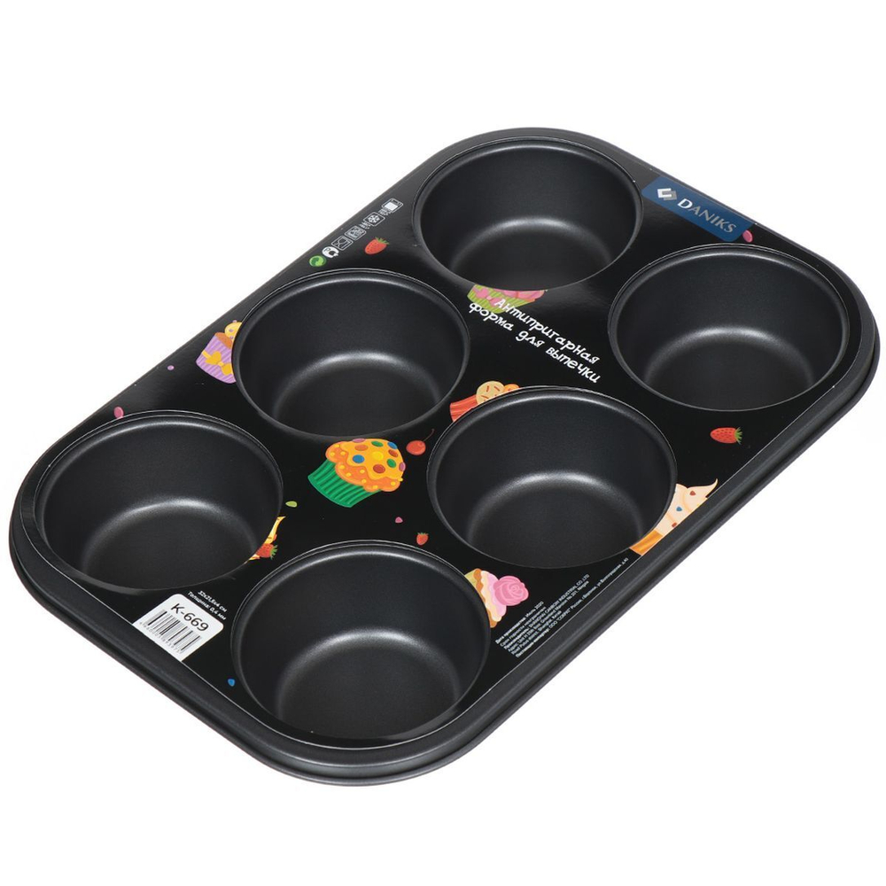 Форма для выпечки сталь, 21.5х32х4 см, антиприг, фигурная, 6 маффин, Daniks, K-669