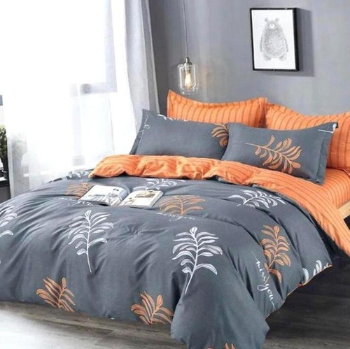 2-спальное постельное белье из сатина Оранжево-серое с листьями