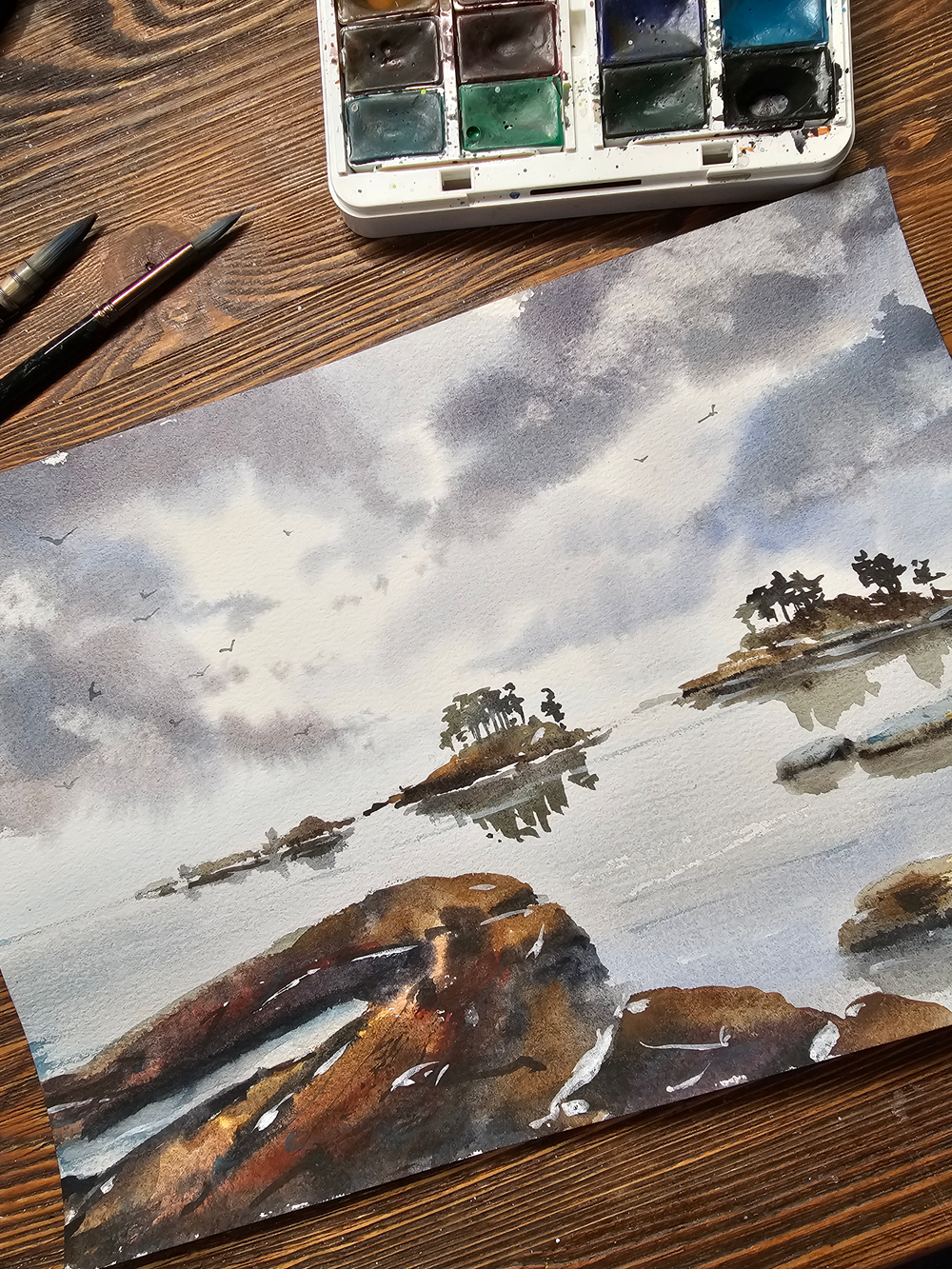 Картина авторская акварельная в паспарту 30х40 см на стену для интерьера "Ладога суровая! Ладога любимая!