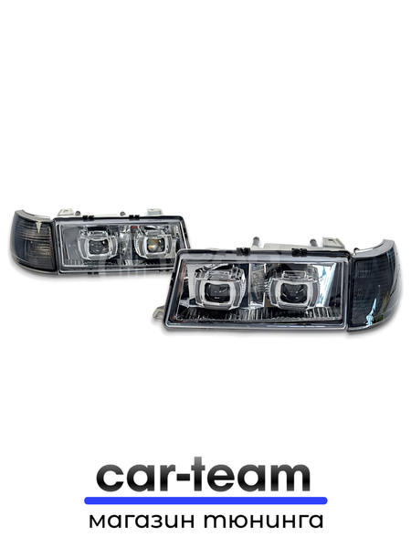 Фары ВАЗ 2110, 2111, 2112 передние с белыми галочками в стиле BMW ver 2.0 c Bi LED модулями, хром маска, тонированные поворотники