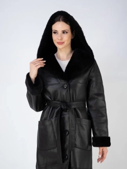 Дубленка зимняя натуральная с капюшоном длинная