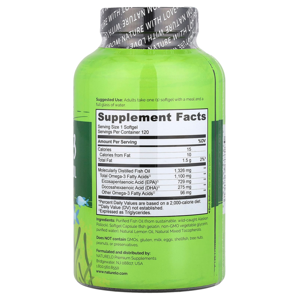 NATURELO, рыбий жир в форме триглицеридов омега-3, 1100 мг, 120 капсул