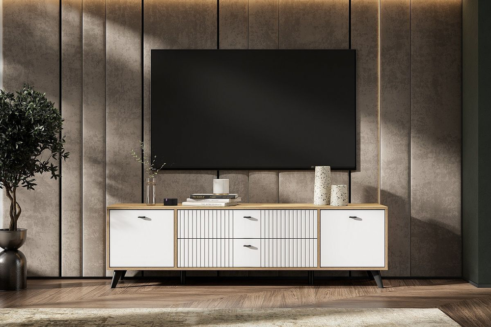 Модульная стенка в гостиную со шкафом Дуб Золотой/Белый Матовый 270х41х128 см