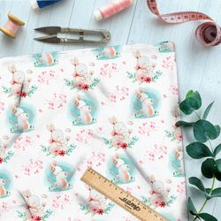 Ткань поплин нежные зайцы на белом фоне