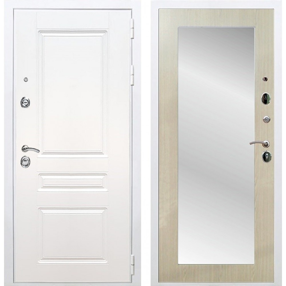 Входная металлическая белая дверь с зеркалом RеX (РЕКС) Премиум H белая ФЛ-243 силк сноу /  Пастораль беленый дуб