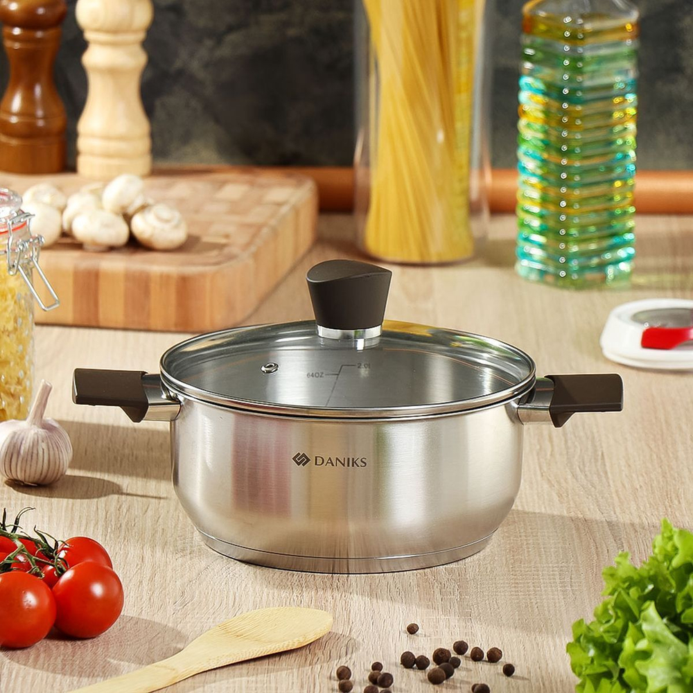 Кастрюля нерж, 2.8 л, с крыш, крышка стекло, Daniks, Savory, SD-A95-20, серебр, индукц
