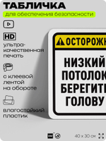 Табличка для обеспечения безопасности "Осторожно, низкий потолок, берегите голову", для офиса, по охране труда для предприятия, организаций, 40х30 см, Silver Plane x Айдентика Технолоджи