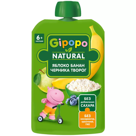 Пюре фруктовое Gipopo Яблоко-банан-черника-творог 6+ 90 гр