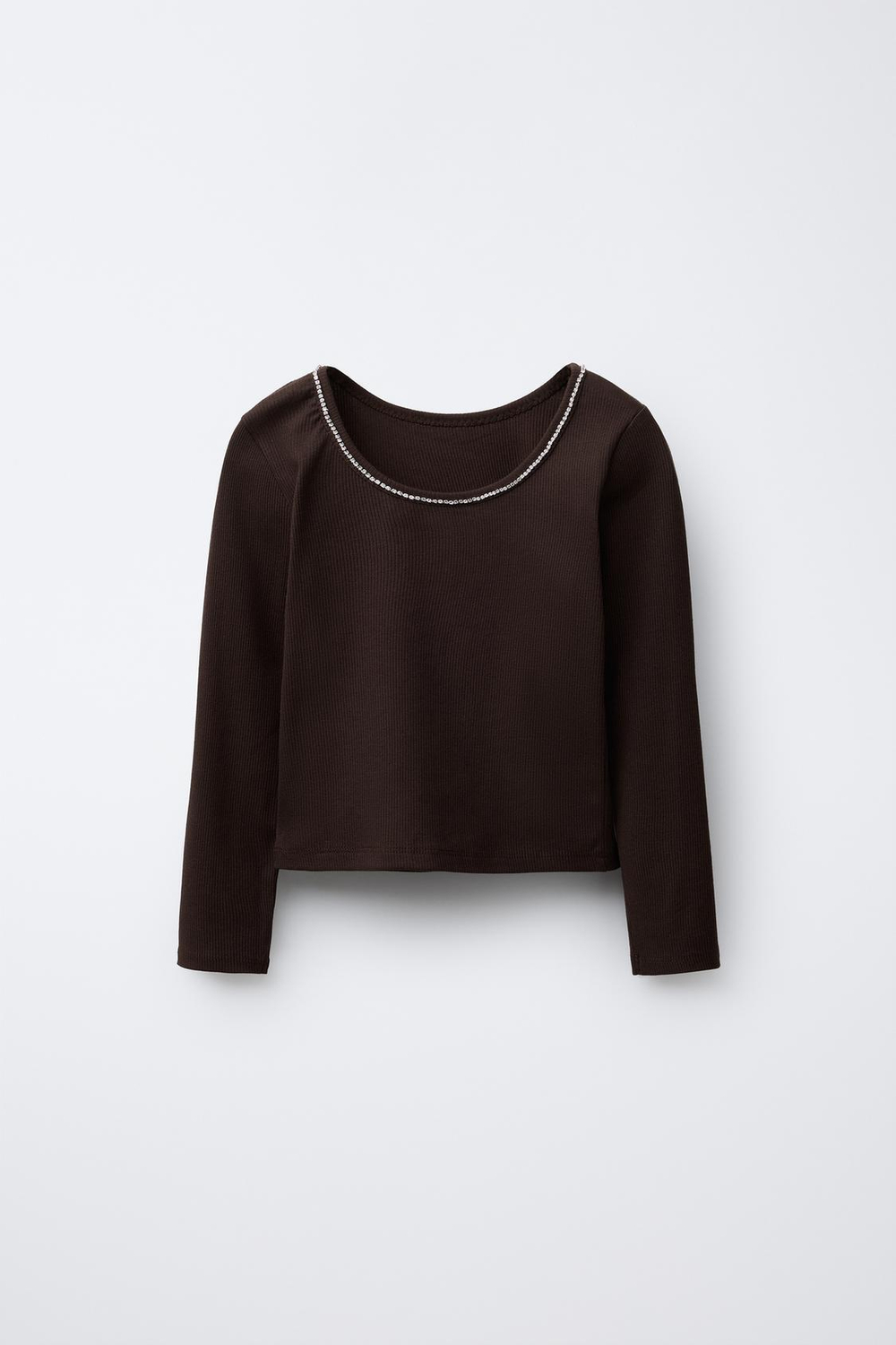 ZARA ТОП В РУБЧИК СО СТРАЗАМИ, КОРИЧНЕВЫЙ