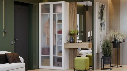 Прихожая с зеркалом комплект мебели Яблоня Беллуно/Белый жемчуг/Стекло сатин белое 170х37х217 см