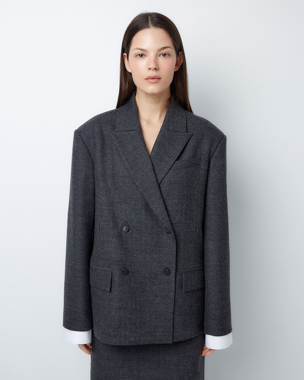 Жакет двубортный с дополнительными петлями из тонкой шерсти елочка серый