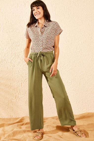 Qadın üçün beli kəmərli, xaki şalvar 10081038