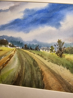 Картина акварельная в паспарту 30х40 см на стену для интерьера "Сельская дорога в Веребково"