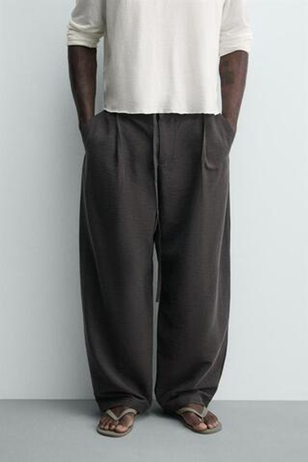 ZARA БРЮКИ BALLOON FIT С ЗАЩИПАМИ И ПОЯСОМ, ЗЕЛЕНЫЙ/СЕРЫЙ