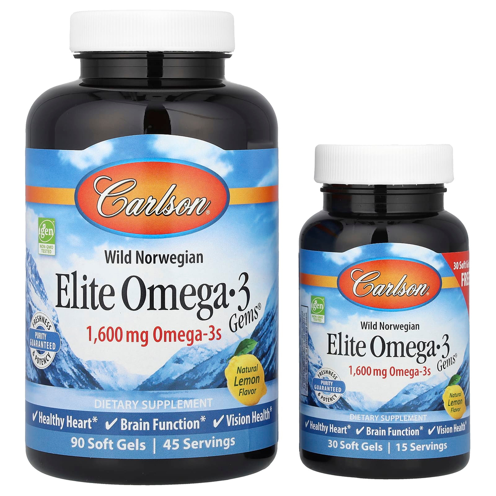 Carlson, Elite Omega-3 Gems, отборные омега-3 кислоты из норвежской рыбы дикого улова, натуральный лимонный вкус, 1600 мг, 120 капсул (800 мг в 1 капсуле)