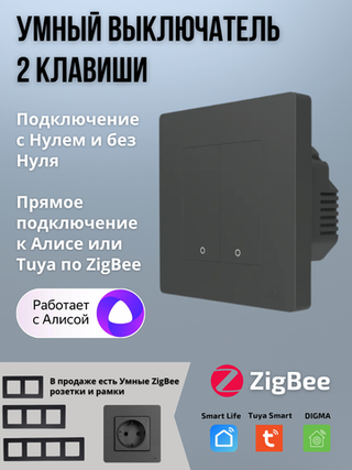 Умный выключатель ZigBee 2 клавиши для Алисы