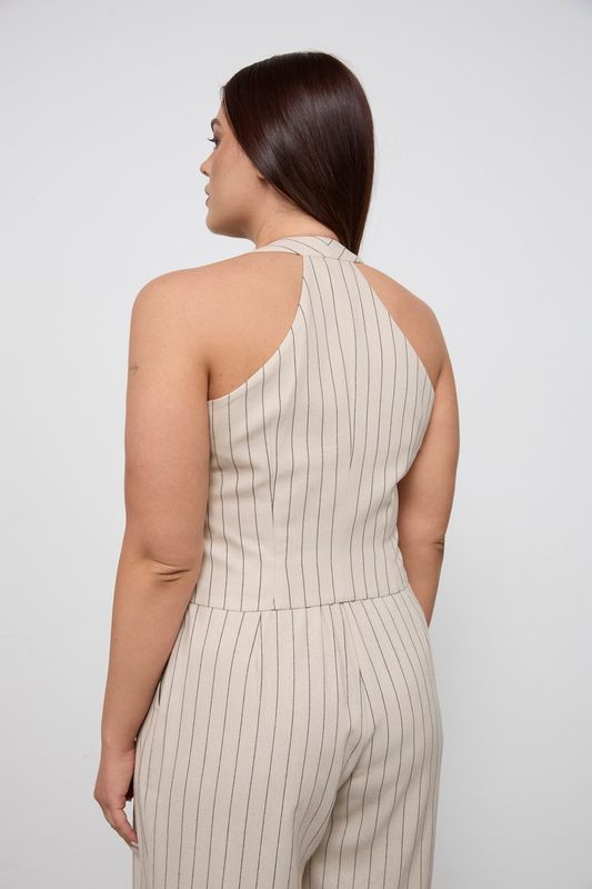 Жилет укороченный изо льна в полоску, серо-бежевый