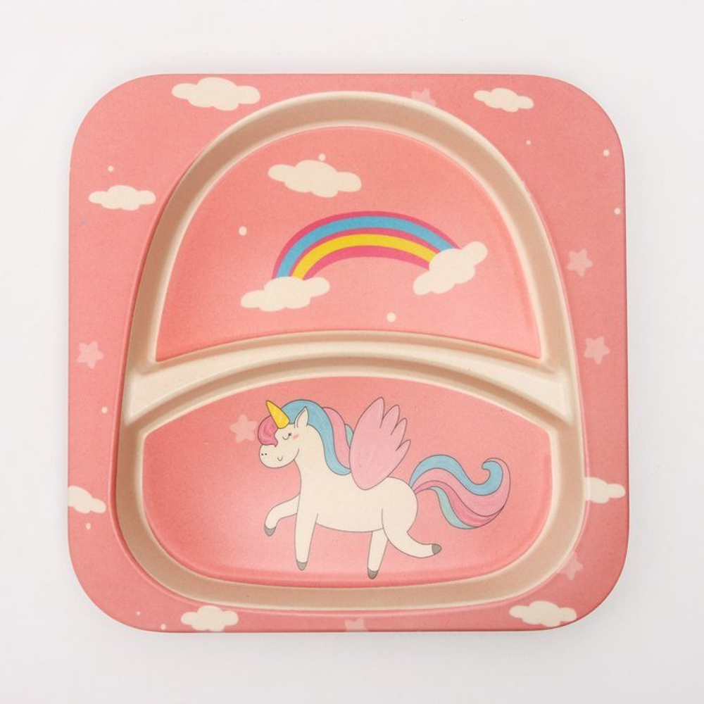 4585402 Набор бамбуковой посуды "Единорог", тарелка, миска, стакан, приборы, 5 предметов