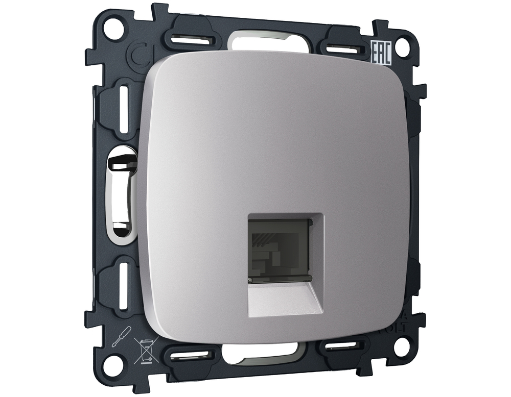 MO512030 Комплект механизма телефонной розетки OMEGA Сталь матовый RJ-11(4P4C) с шторкой QUANT (OP5120, VM190)