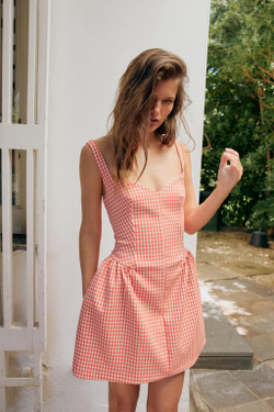 ZARA МИНИ-ПЛАТЬЕ В КЛЕТКУ ВИШИ, ОРАНЖЕВЫЙ