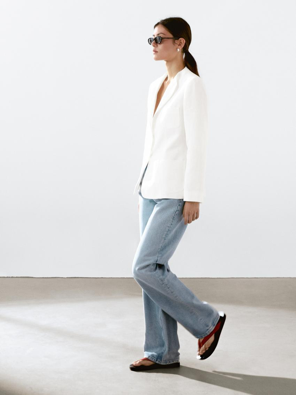 Massimo Dutti Блейзер из 100% льна с лацканами, натуральный, кремовый