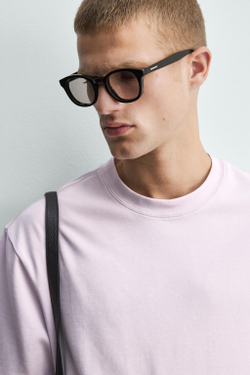 ZARA ФУТБОЛКА RELAXED FIT INTERLOCK, РОЗОВЫЙ/ЛИЛОВЫЙ