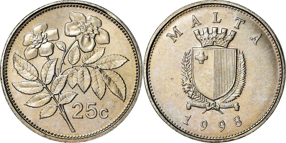 Мальта 25 центов, 1991 - 2007 Роза XF