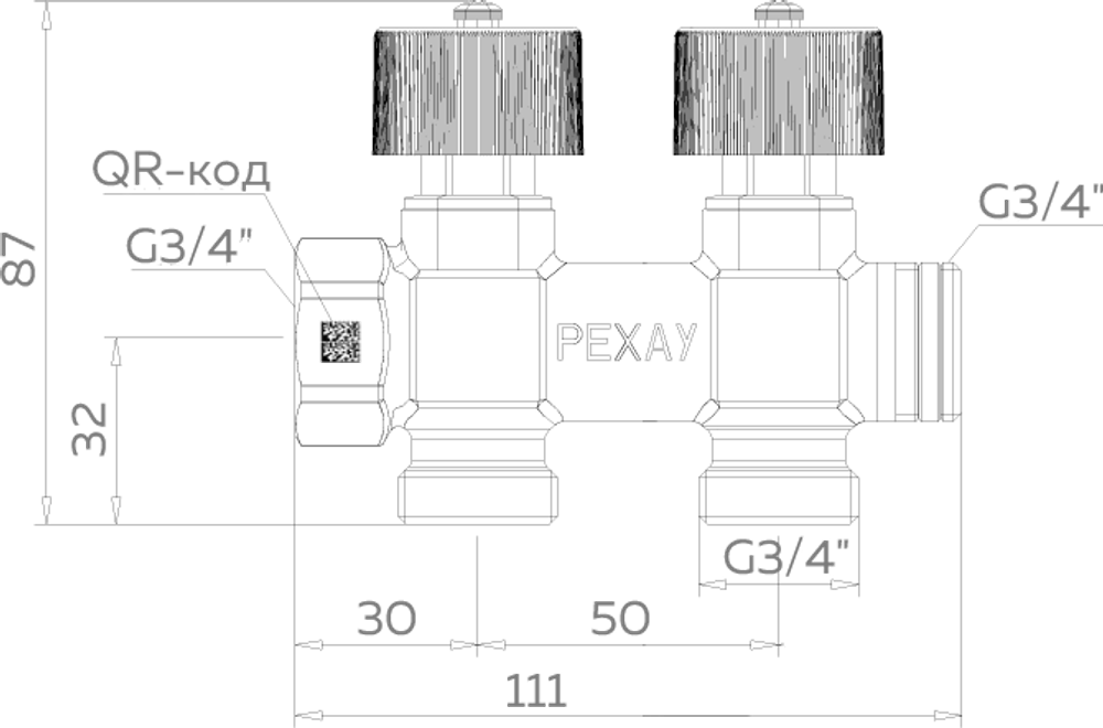 Коллектор регулирующий проходной РЕХАУ - 3/4" (ВР/НР) на 2 контура 3/4"ЕК (Евроконус)