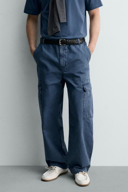 ZARA БРЮКИ КАРГО RELAXED FIT С ЭФФЕКТОМ ПОТЕРТОСТИ, СИНИЙ