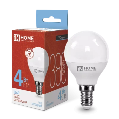 Лампа светодиодная LED-ШАР-VC 4Вт 230В Е14 6500К ХОЛОДНЫЙ 380Лм IN HOME